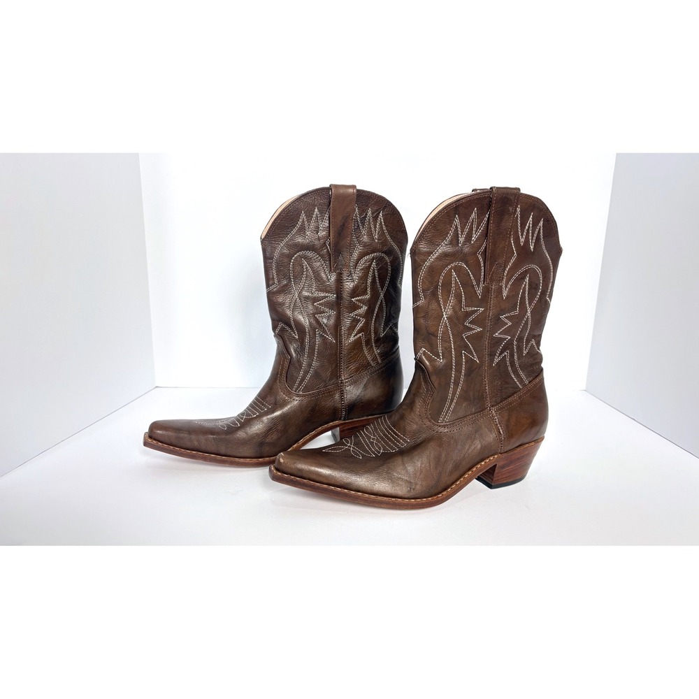 Brown Leather Embroidered Snip Toe Heeled Cowboy Boots Women Size 5.5 Western
